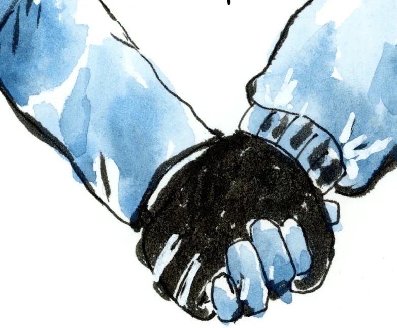 In an watercolor illustration by K. Maynard-Woodman, two hands wearing winter gloves are tightly clasped.