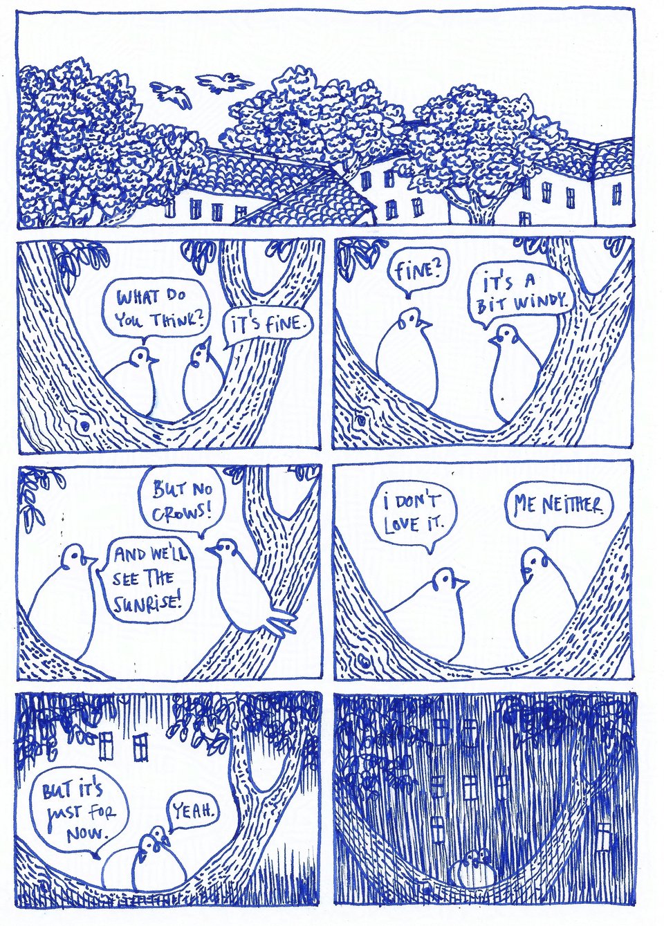 One page of a hand-drawn comic showing 2 pigeons talking about how they don’t like their new spot on a new tree, but it’s just for one night. It gets dark by the end.