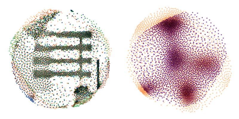Two more images on the same style, made out of colored points. The first one uses 4 colors, the second one only two colors. The left one contains 4 parallel irregular lines. The right one contains 5 areas with higher concentration of points.