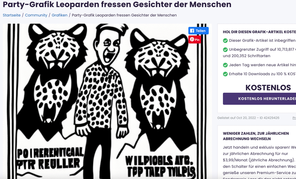 Screenshot of some kind of German advert. Picture of man in leopard print shirt and two cute, cartoon leopards. Text at top reads: Party-Grafik Leoparden fressen Gesichter der Menschen