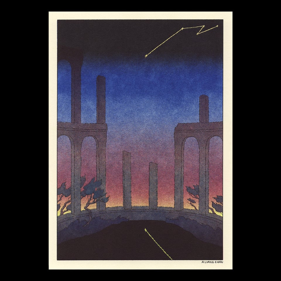 ruined rows of arches rise around a darkened pool, the last colors of sunset fading into purples, blues, and black. a jagged constellation hangs in the night, reflected in the dark water below.