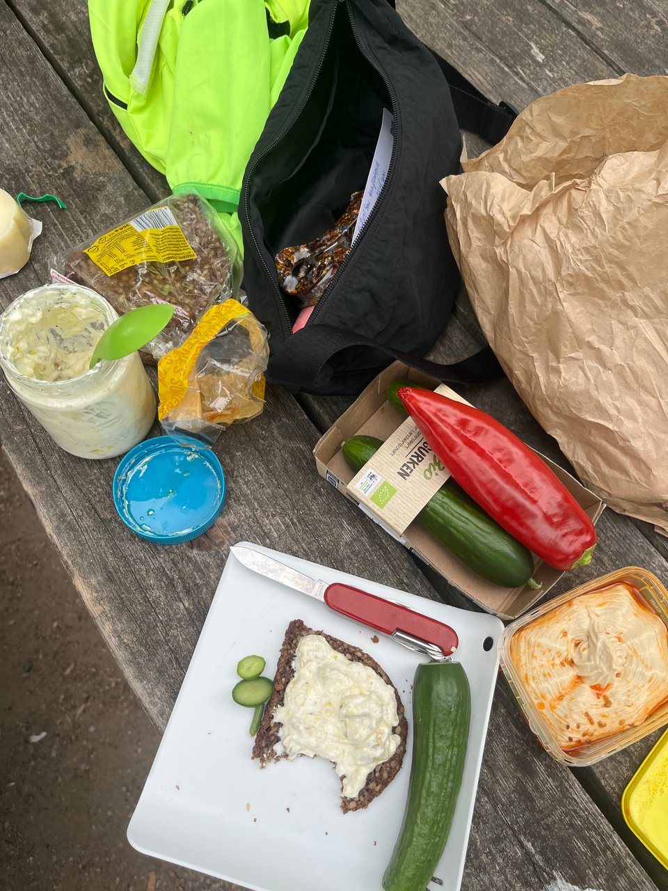 Top-down view of a wooden picnic table with dark brown bread, white dip, cucumber, capsicum, hummus, and a pocket knife.