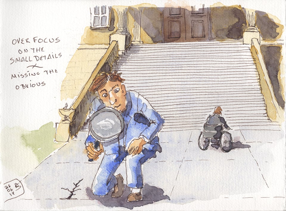 Line and wash sketch. A man wearing a blue suit is kneeling on one knee with a large magnifying glass, looking at a crack in the pavement. Behind him is a wheelchair user viewed from the back. The wheelchair user is at the bottom of a large flight of stairs leading to an old stone building. There is no ramp or accessible route to the entrance of the building at the top of the stairs. Signed NS, dated June 17, 2026.