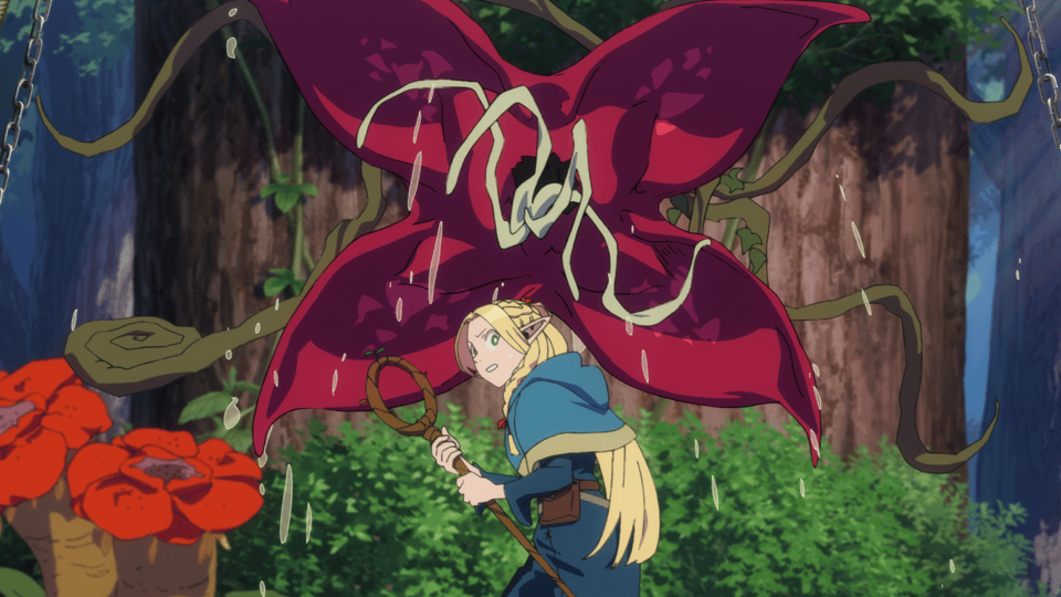 An elf, Marcille, looks toward the camera while a giant carnivorous plant looms over her in the background.