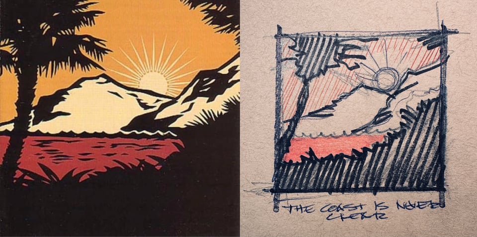 A drawing of mountains with water next to the, seen from the silhouetted vantage point of a incline of grass and bushes, flanked by trees. The sun is just behind the mountains. The water is red, the sky is orange, the mountains are off-white, the sun is yellow.