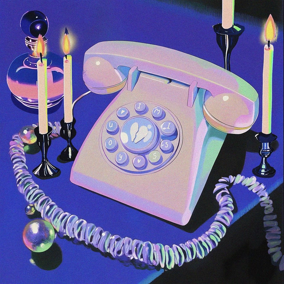 A pretty illustration of a pale corded phone among some candles adn potions.