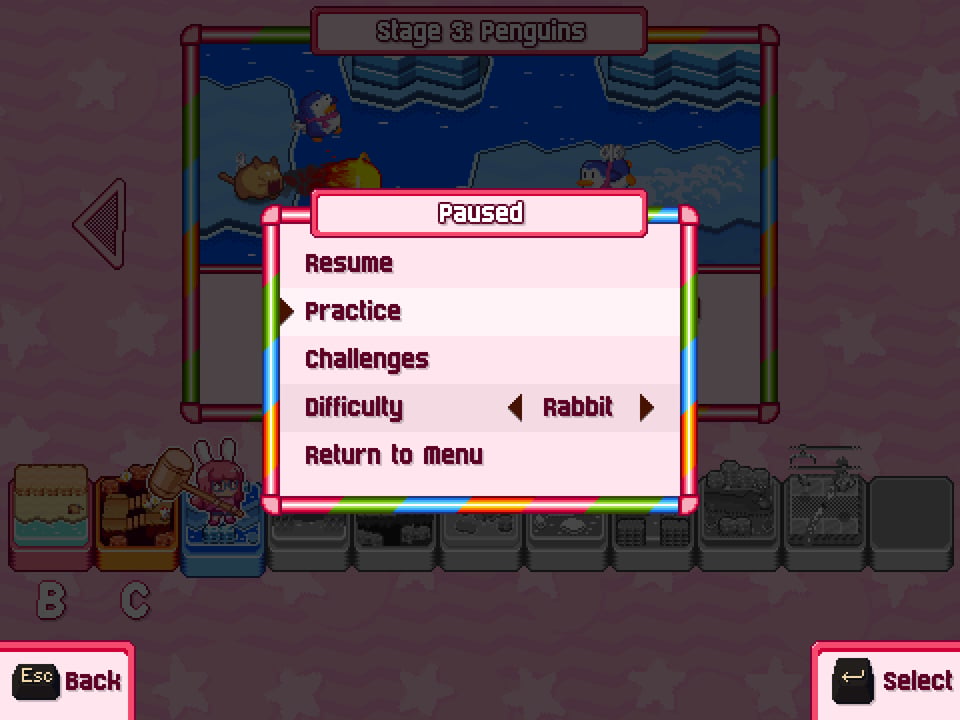 A pause menu, shown over the top of the campaign mode level select menu. You can enter practice mode or challenge mode, and change the game's difficulty.