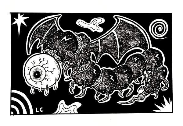 Black & white drawing of a segmented worm with an eyeball for a head, wings, and a sharp tail.