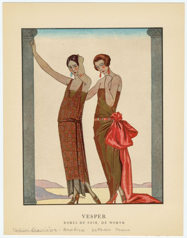 A fashion plate showing two women in evening dress in front of a sterile landscape. Captioned "Vesper: Robes du soir, de Worth".