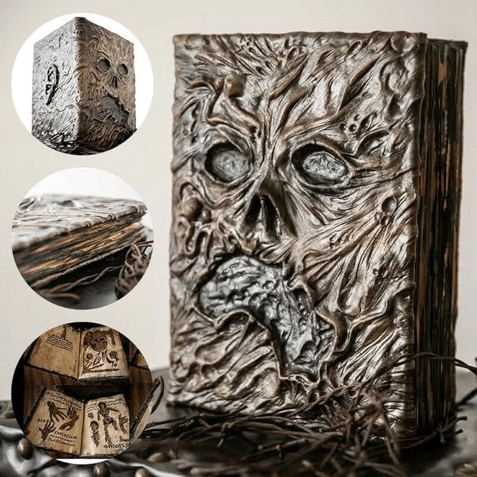 Un gros livre du Necronomicon avec un visage gravé dessus
