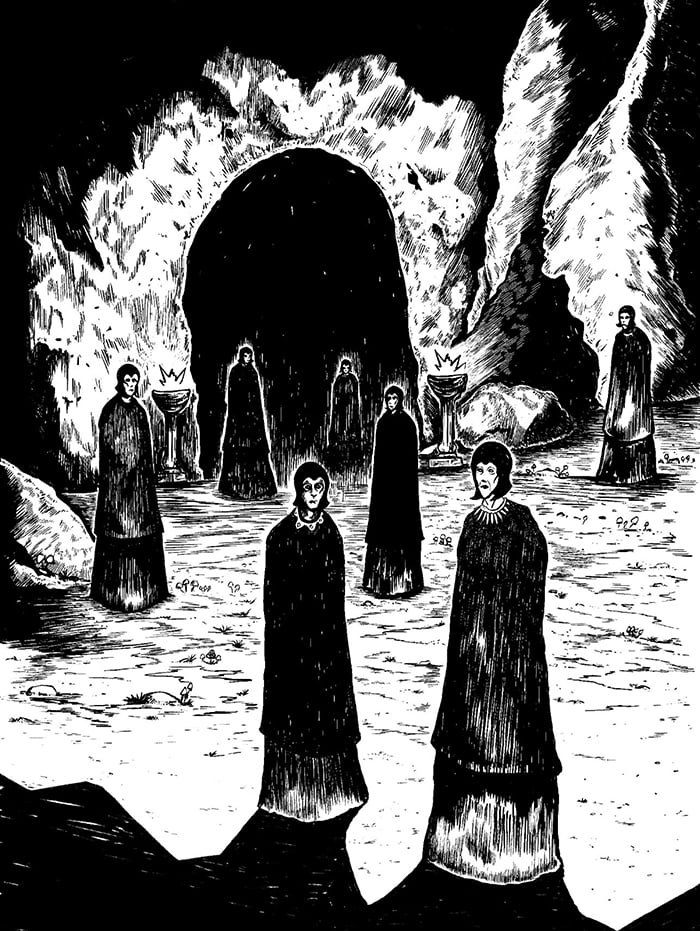 Ominous figures in long robes stand in an underground cavern, staring at the viewer.