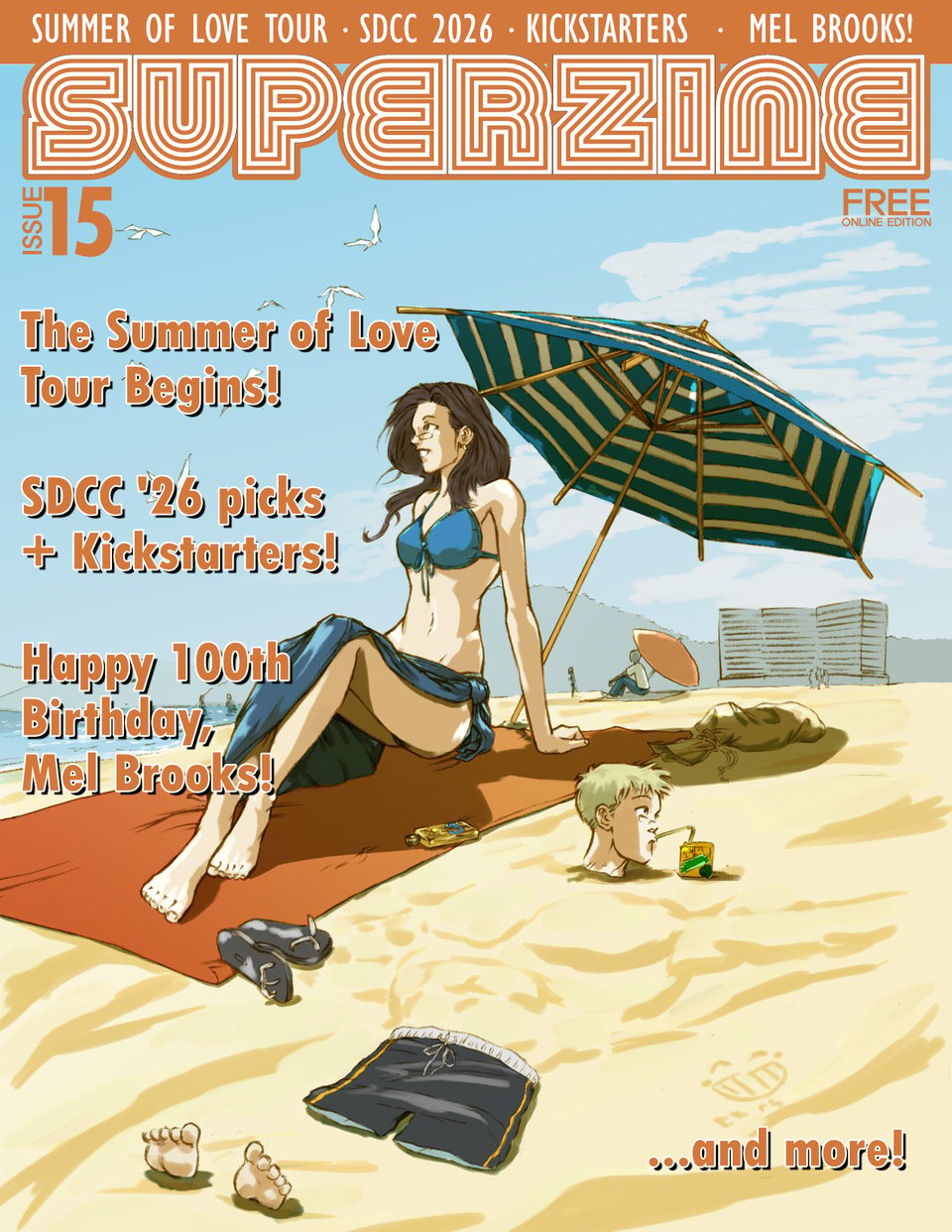 July's Superzine features Hana and Joel from Love as a Foreign Language no. 6, published by Oni Press, in 2006. Hana and Joel are at the beach.