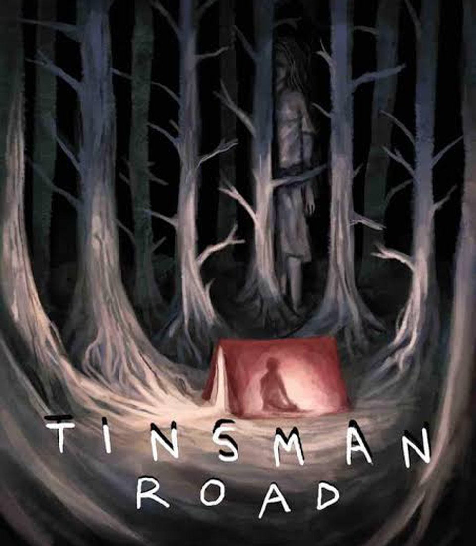 A painted poster for the film Tinsman Road. A red tent is nestled between trees in the woods. Light within reveals the silhouette of a seated figure. At the far edge of the trees, a very tall figure of a woman in a dress looms over the scene.