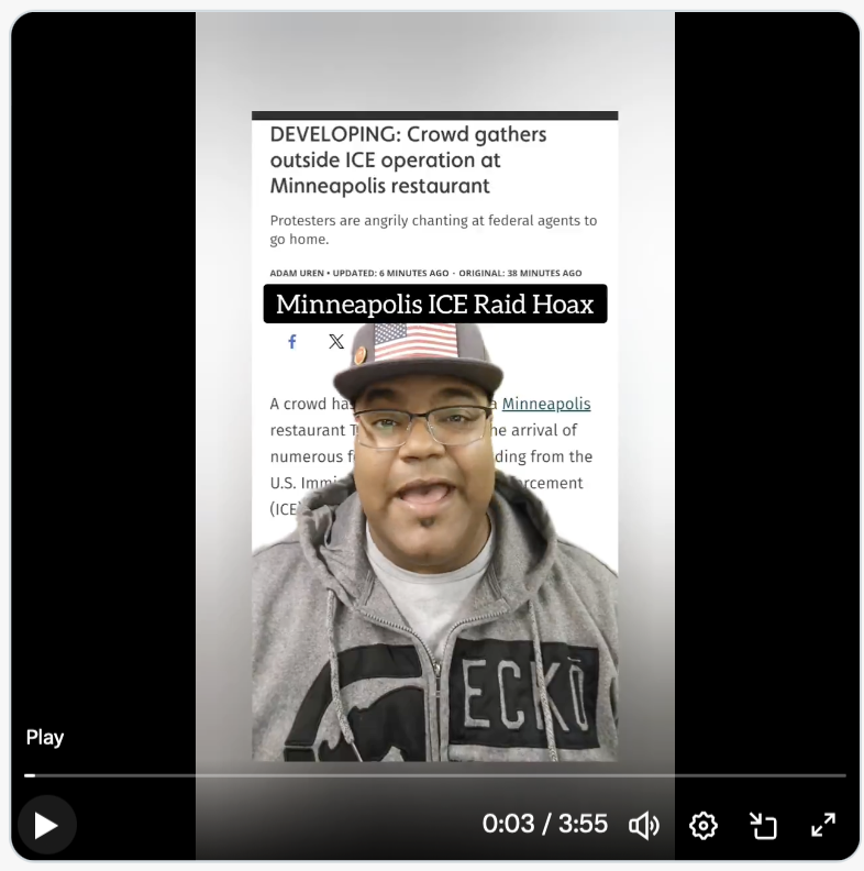 Screenshot of TikTok creator and Republican National Committee member for Minnesota, AK Kamara. He is wearing a gray Ecko hoodie, has a soul patch, and a baseball cap with an American flag. He is in front of a screen with a newspaper article titled "DEVELOPING: Crowd gathers outside ICE operation at Minneapolis restaurant" There is also a black box with with white letters that says "Minneapolis ICE Raid hoax"