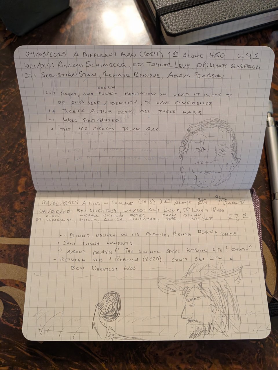 A quad-ruled notebook with handwritten notes/drawings about the movies A Different Man and A Field In England.