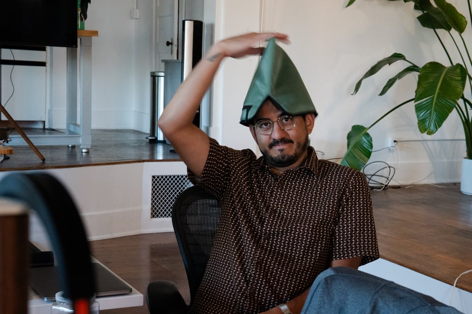 Justin wearing a dumb hat.