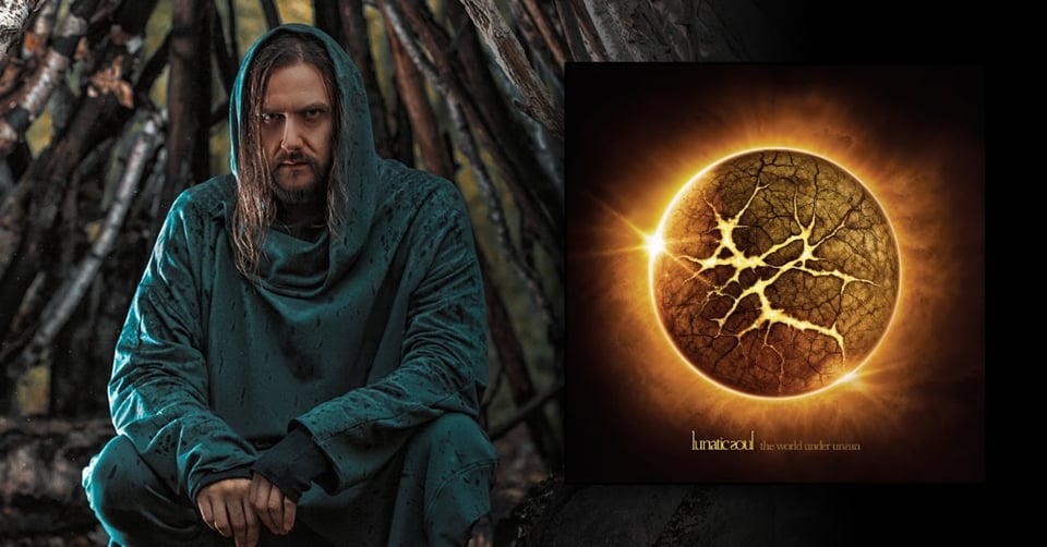 Mariusz Duda with a green hood and the cover of The World Under Unsun.