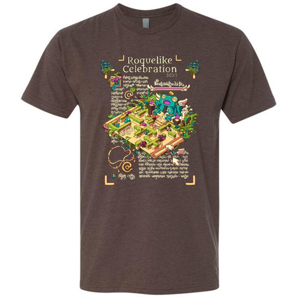 A brown shirt with a stylized maze, frog temple, @ sign jewelry, and fantastical script, with 'Roguelike Celebration 2023' on top