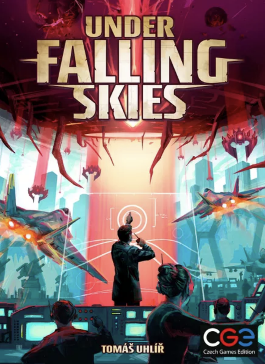 The cover of Under Falling Skies game, featuring jet airplanes flying toward an alien spaceship.