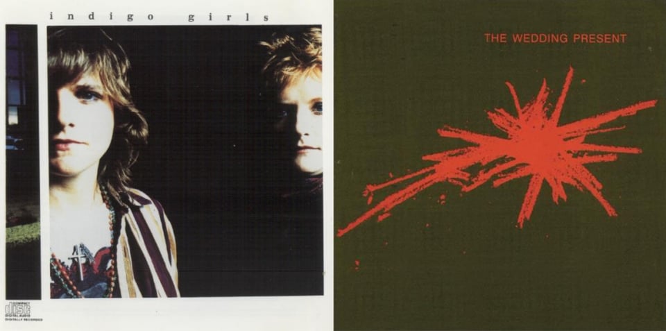 First pic: A color photgraph of two white women, Indigo Girls, Amy Ray on the left and Emily Saliers on the right. Ray has shoulder length brown hair and is wearing a crucifix; half her face is cropped out of the shot. Saliers has short blond hair, is lit from the right side, and but otherwise is in darkness. Second pic: A dark brown-green background. In red, done with a pencil or crayon, is a kind of explosion shape, made out of a series of scribbles.