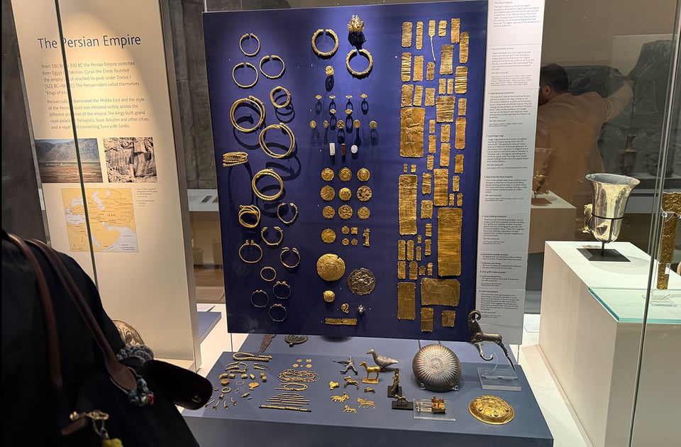 A display of the the Oxus Treasure collection of Achaemenid gold and silver objects. The objects date to about the 5th and 4th centuries BC and was found in the 19th century at the site of Takht-i Kuwad, close to the river Oxus (modern Amu dar'ya) on the border of Afghanistan and Tajikistan. This region was part of the Achaemenid province of Bactria.