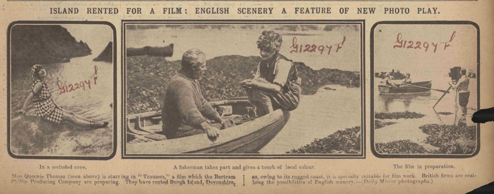 Three photos of a silent era film star at the coast. In one she is sitting on the rocks in a very snazzy bathing costume. In the middle shot she's sitting in a boat, wearing trousers and a waiscoat over a shirt. And finally we get a shot of the cameraman standing in the shallows as the stars sit in a boat.