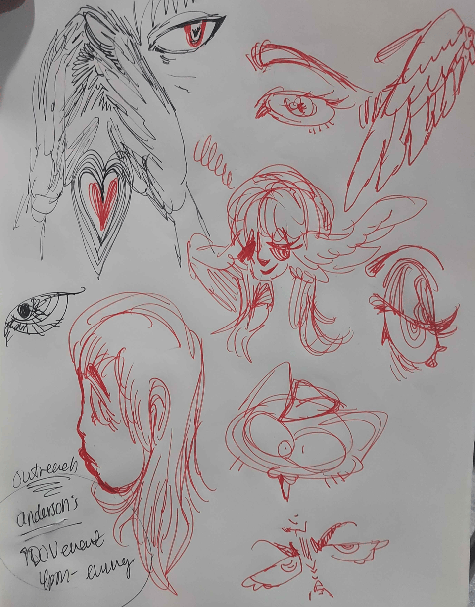 Freehand doodles of eyes, cats, faces