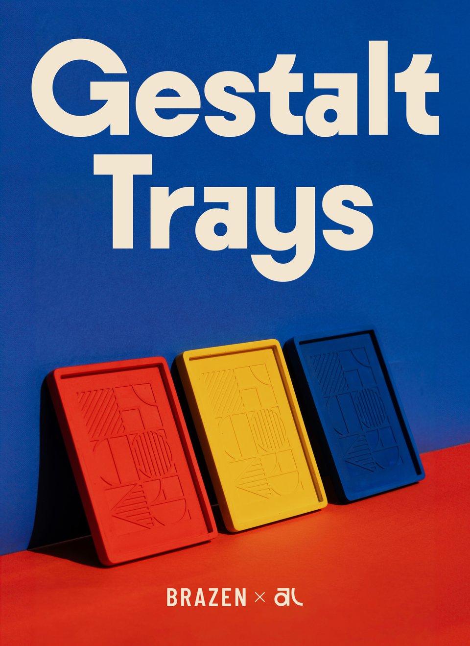 three gestalt trays in red, blue and yellow
