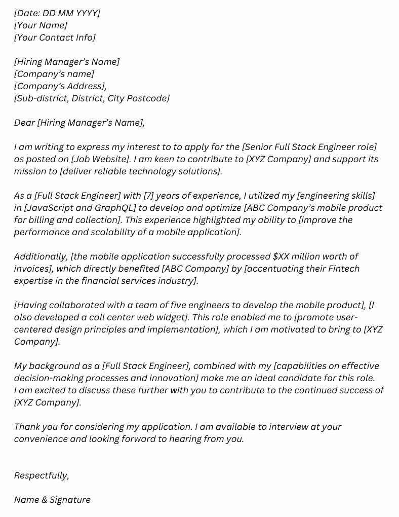 A cover letter template for a Senior Full Stack Engineer position, outlining the applicant's experience, skills, and eagerness to contribute to the company.