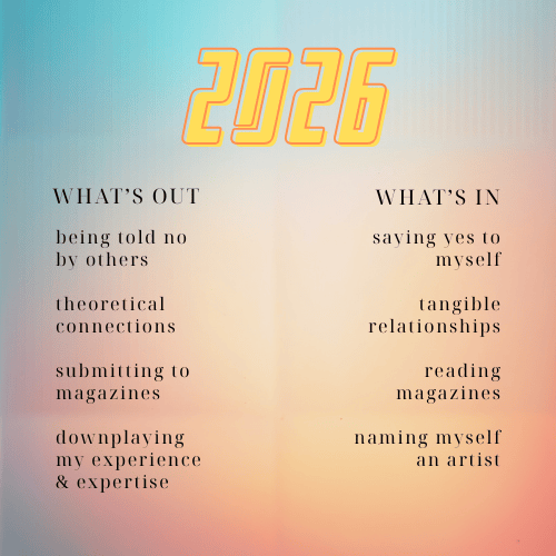 a graphic with a sunset gradient background. text reads: "2026: what's out:: being told no by others; theoretical connections; submitting to magazines; downplaying my experience & expertise. what's in: saying yes to myself; tangible relationships; reading magazines; naming myself an artist."