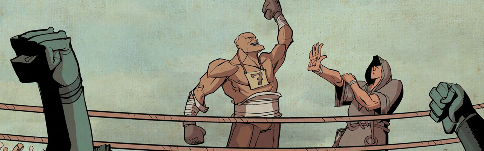 Mammoth raising his glove in victory, from Kings and Canvas #1, art by Jake Allen and Frank Reynoso
