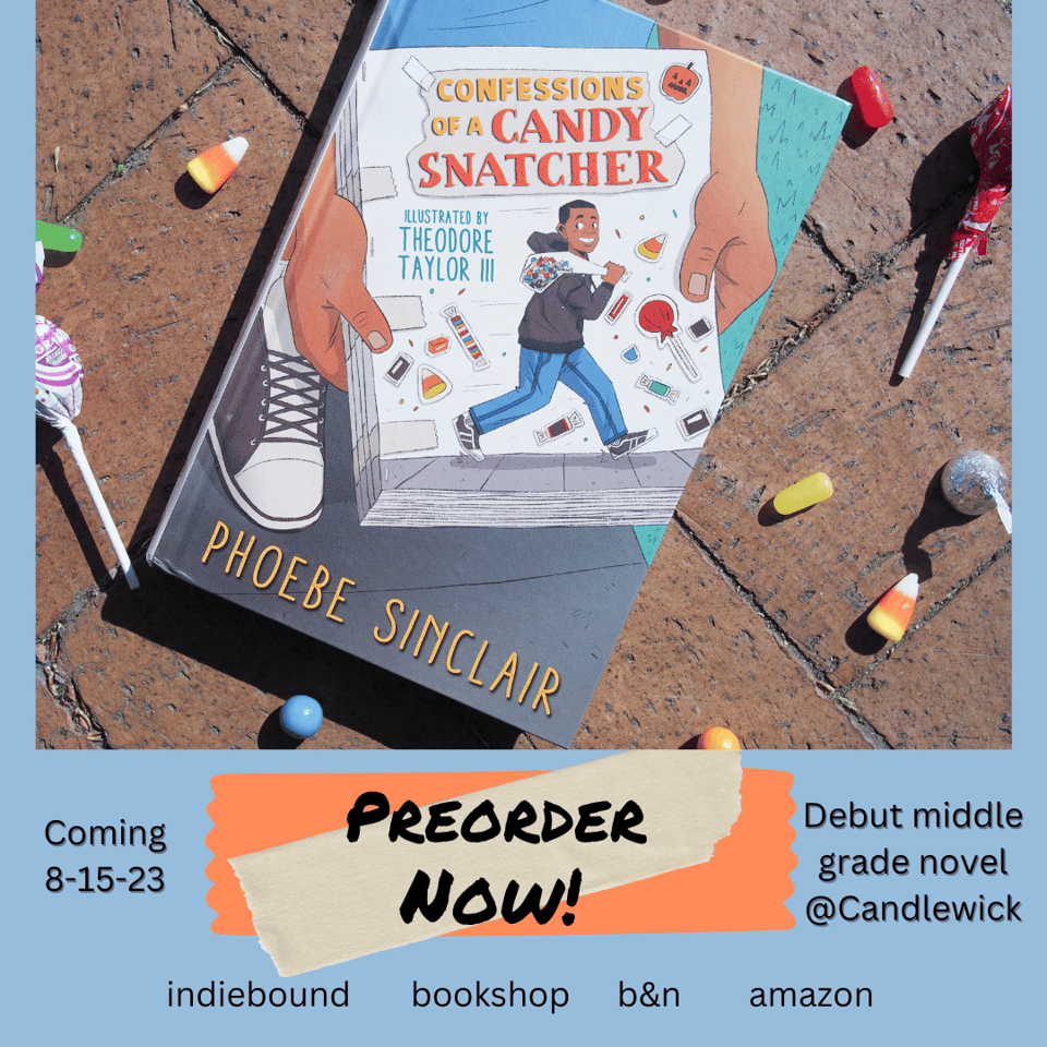 Photo of hardcover novel for middle grade readers, surrounded by dropped candy gumballs, lollypops, candy corn and a Hershey kiss