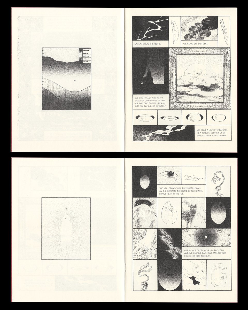 interior pages, with single small illustrated panels on the left, and comic pages on the right.