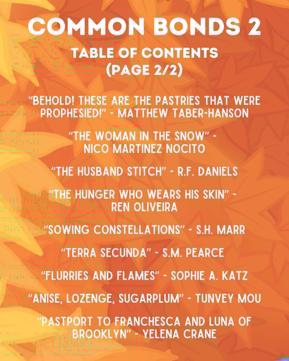 “Behold! These are the Pastries that Were Prophesied!” - Matthew Taber-Hanson “The Woman in the Snow” - Nico Martinez Nocito “The Husband Stitch” - R.F. Daniels “The Hunger Who Wears His Skin” - Ren Oliveira “Sowing Constellations” - S.H. Marr “Terra secunda” - S.M. Pearce “Flurries and Flames” - Sophie a. Katz “Anise, Lozenge, Sugarplum” - Tunvey Mou “PastPort to Franchesca and Luna of Brooklyn” - Yelena Crane