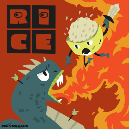 The poster for the Rochester Indie Comics Expo for 2025 featuring art by Alesha Williams. The Art is in bold, chunky shapes and fantastically saturated colors featuring a bowl of rice (RICE 2025 ahaha that's very good) with boots and gloves and a sword, leaping through the air and out of harms way of a Dragon's fiery breath. The rice bowl and the dragon are facing off!