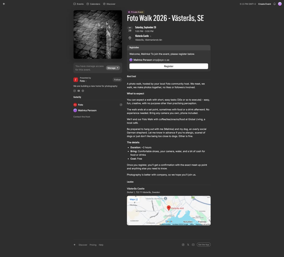 This is how the info/registration page looks like.