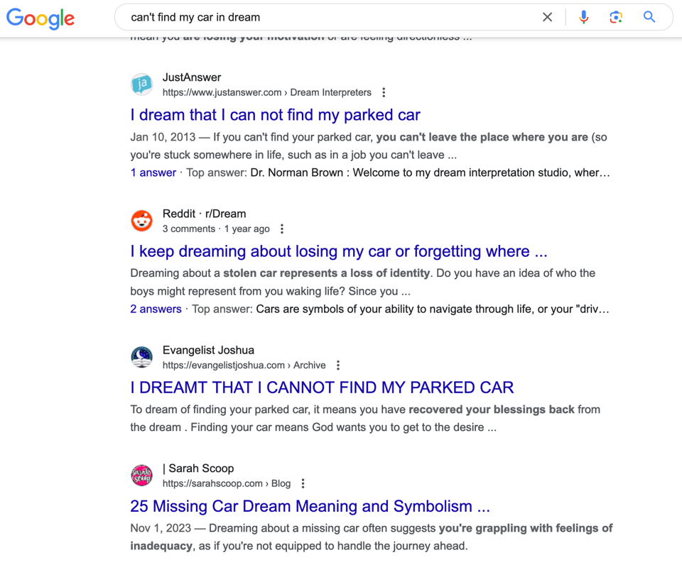 a screenshot of Google results for the topic "can't find my car in dream"