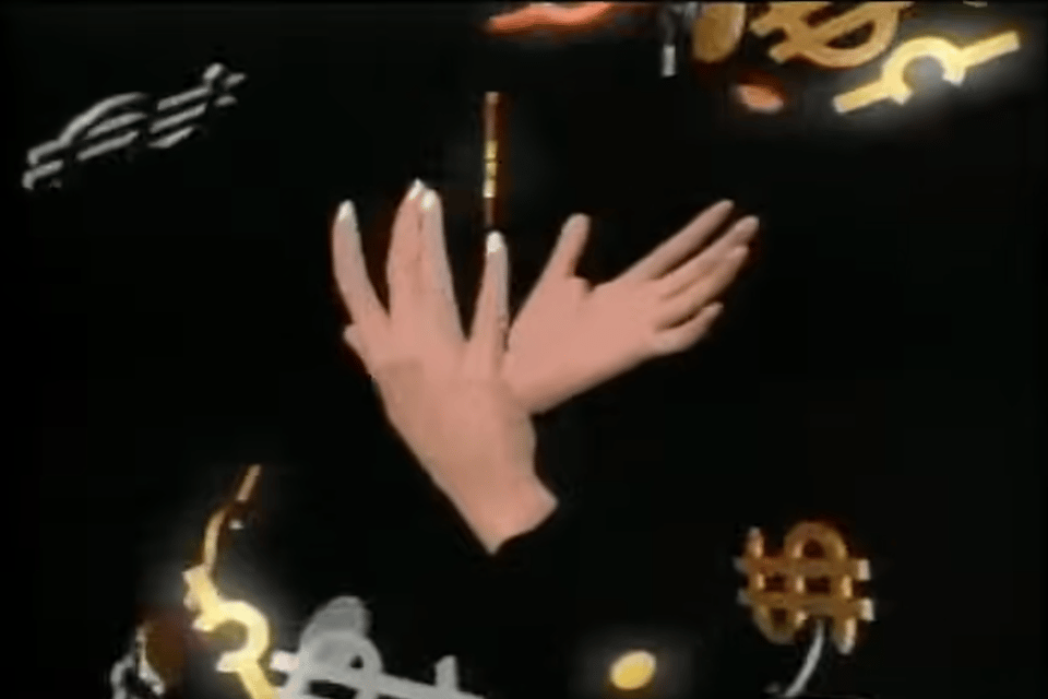 Disembodied early CGI hands in front of a background of dollar signs, from 'Adventures in Success'' video.