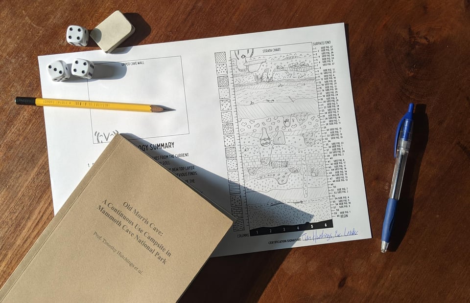 A photograph of a playsheet for Old Morris Cave at the end of a game. The strata chart is filled with drawings of pots, bones and trash, divided by dozens of layers of stratum marked with repeated symbols. On top of the play sheet lies a copy of the zine, a pencil, an eraser, three six-sided dice, and a blue ballpoint pen. The zine casts a long, dark shadow across the play sheet.