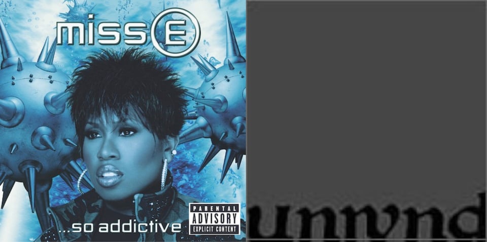 First pic: A blue tinted photo of a close up of Missy Elliot, a Black woman with short black hair in what I'd call a Pat Benatar style. She wears large hoop earrings with diamonds, and a collared jacket that is vaguely like camouflage. Behind her are two spherical metal objects, covered with sharp spikes. That are reminiscent of both ocean mines and viruses. Second pic: The image is completely dark grey. At the bottom, there appears to be the word "unwound" in a kind of Gothic, Old English kind of font/writing. Part of the word bleed out of the image on the left, right, and bottom.