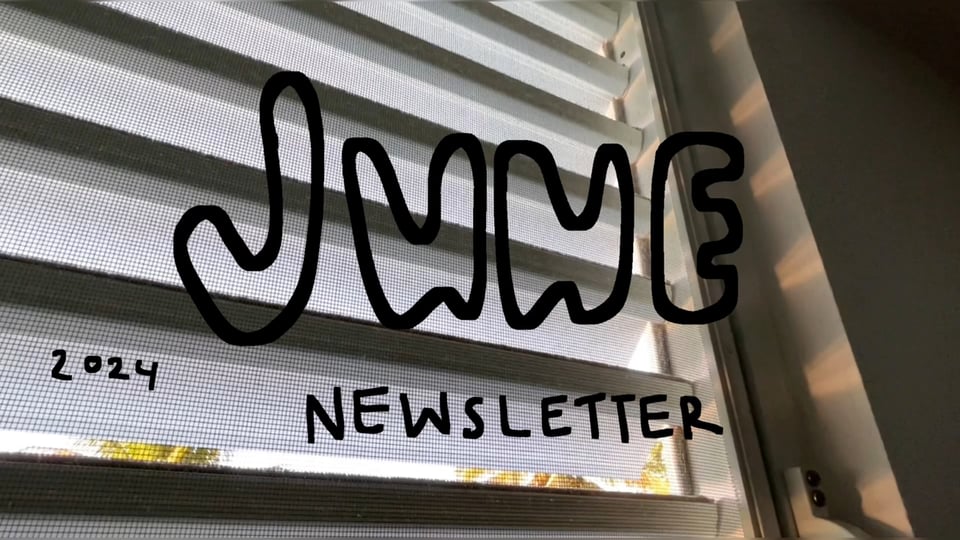 Cover photo for the YouTube video. A glass-less window is half opened with sunlight reflecting on the wall and palm trees peeking through the slats. Black handwritten lettering reads, “June Newsletter 2024.”