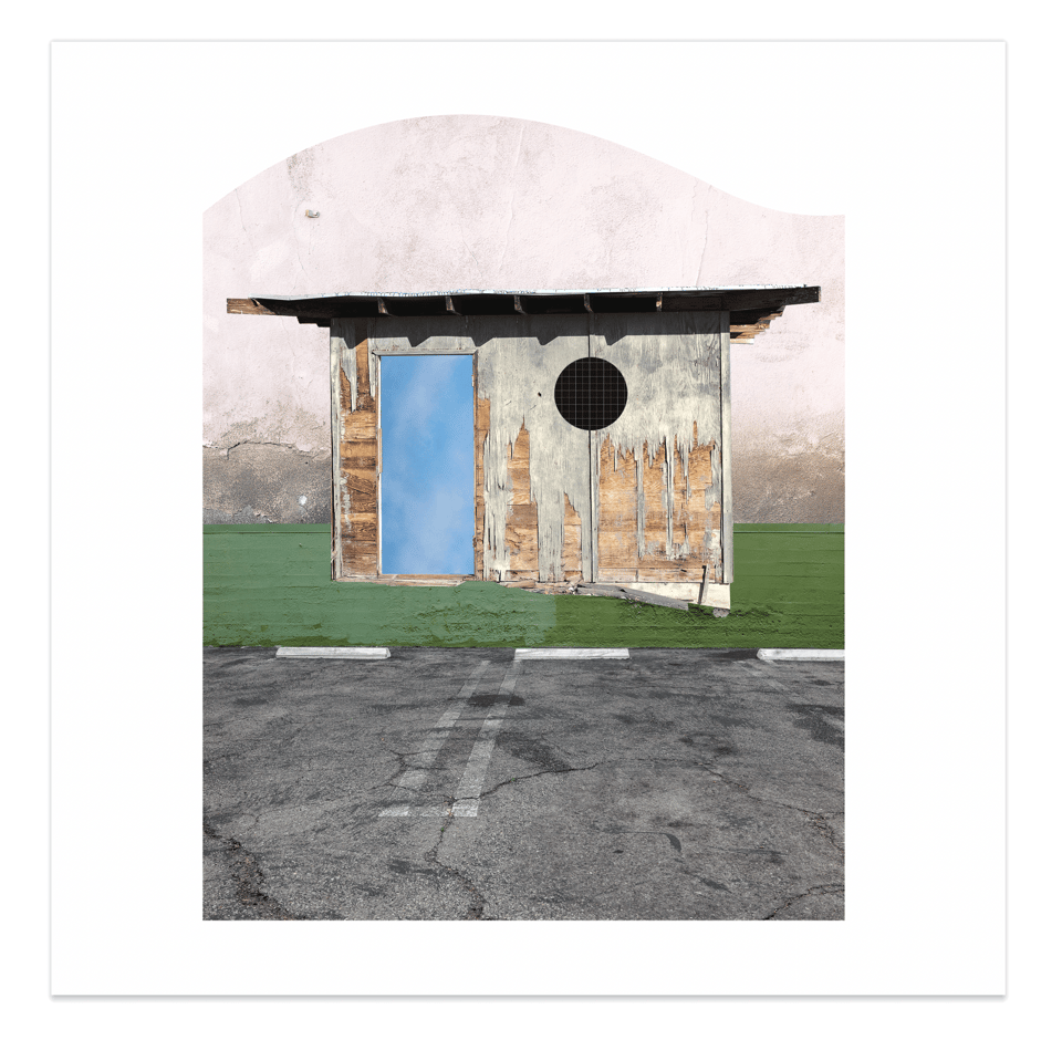Hand-cut photographic collage depicting a weathered wood-and-corrugated-metal outbuilding set against a layered background of pale pink stucco wall and flat green surface. A rectangular opening reveals a clear blue sky, and a circular dark grid punctuates the facade. The structure sits in an empty asphalt parking lot with faded white markings. The overall composition reads as frontal and symmetrical, somewhere between document and stage set.