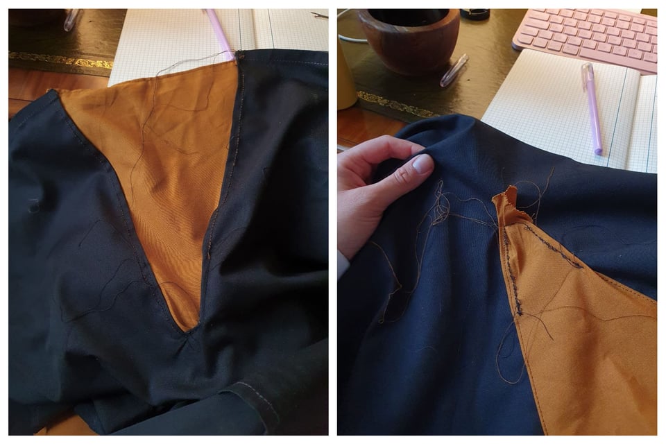 A collage of 2 photos: the front bottom of the apron with the V of orange fabric sewn in, and the back of the fabric, showing messy threads and crooked seams.