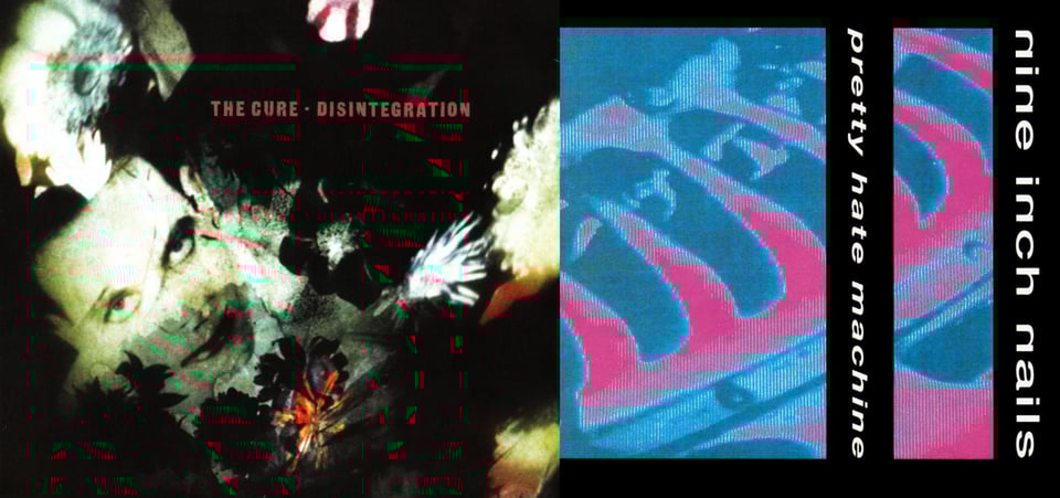 First pic: We see the face of The Cure singer Robert Smith, with pale white skin, black hair, black eyeshadow, and red lips. (He's one of the most Gothiest men alive.) Around him are images of flowers. The photo has a sense of distortion, because I believe it's actually a projection onto a wall or another surface. Second pic: A digitized photgraph of some kind of machinery. It kinda looks like "Predator Vision" but the colors are blue and pink. It could be the wheelwell of a motorcycle? Maybe an engine? A close up of an indoor fan? No idea