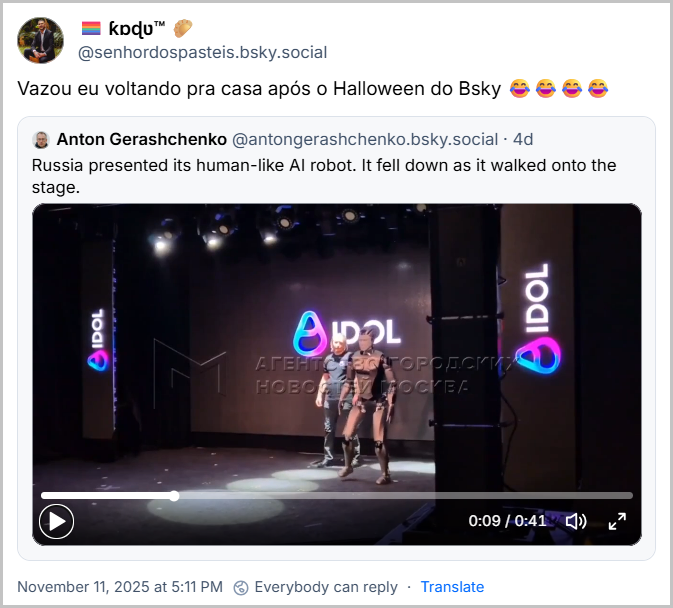 Citação do 🏳️‍🌈ƙɒɖʋ™️🦌🎄 (‪@senhordospasteis.bsky.social‬) ao post do Anton, com o texto: Vazou eu voltando pra casa após o Halloween do Bsky 😂😂😂😂