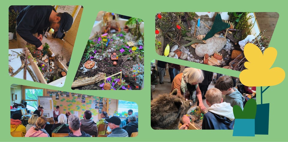 Fotos des Planungsworkshops mit Nahaufnahmen der Modellen vor grünem Hintergrund.