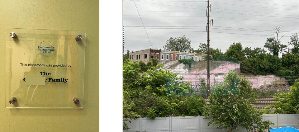 a wall plaque and view from the window at Community Partnership School