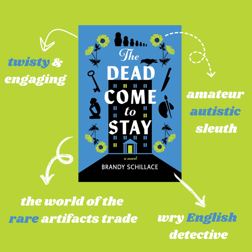A pale green book promotion graphic with book cover surrounded by arrows with phrases about the book. Centre: book cover showing a tall, narrow, slightly abstract black building with blue and and yellow windows. Design items surround the house: simple flowers, a key, a knife, art-related graphics. Book info: The Dead Come To Stay. A novel. Brandy Schillace. The phrases surrounding the book cover, with jaunty arrows and fonts: twisty and engaging; amateur autistic sleuth; the world of the rare artefacts trade; wry English detective.