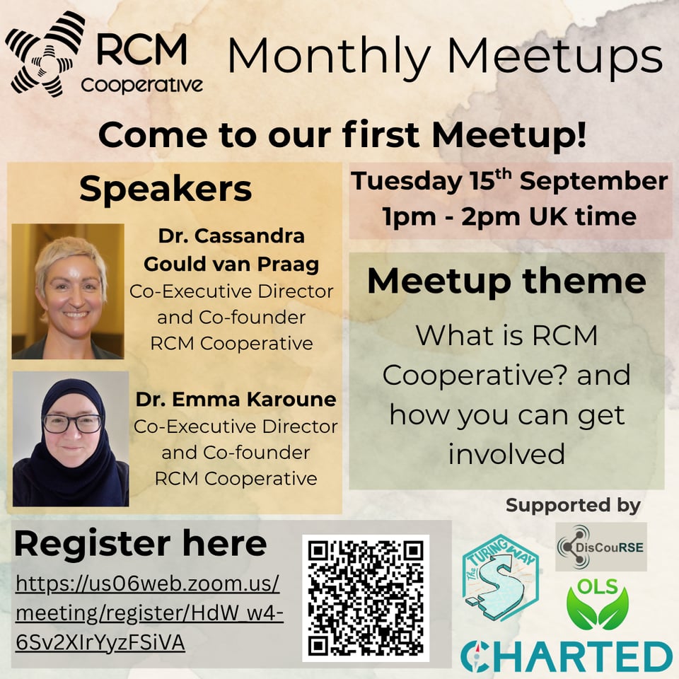 A banner showing photos of the speakers of the meeting, Dr Cassandra Gould van Praag, a white women with short blond hair and dark colored t-shirt, and Dr Emma Karoune, a white muslim women with a dark coloured head scarf and dark coloured top. Also showing details of the meeting on 15th september at 1pm to 2pm. The meeting is supported by The turing way, discourse, OLS and Charted.