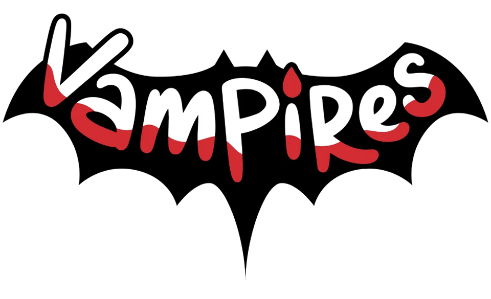 Logo of Vampires SMP. The word Vampires is half white on top and half-red on bottom, with the background behind it resembling a black bat.